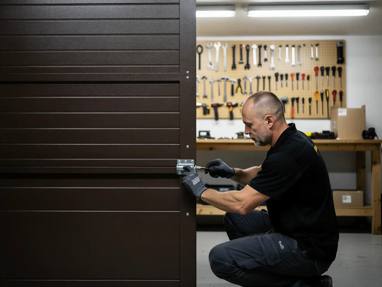 A technician is installing a lock on a brown garage door.