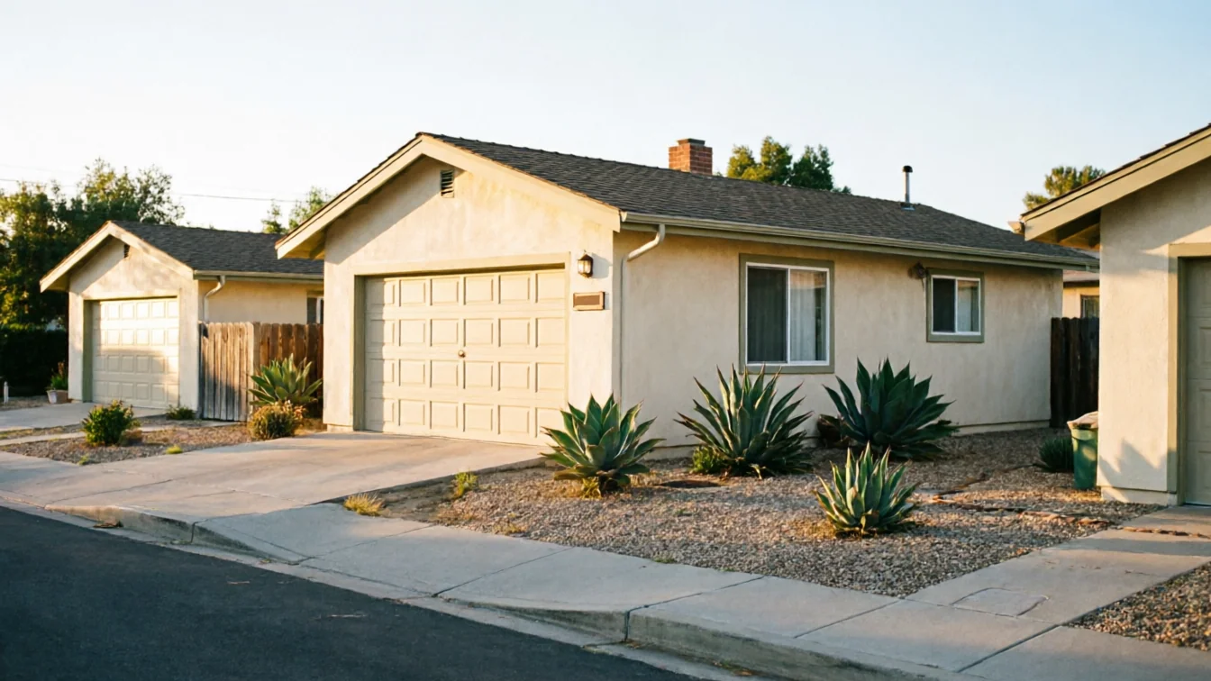 The house has a beige garage door and agave plants in the front yard.