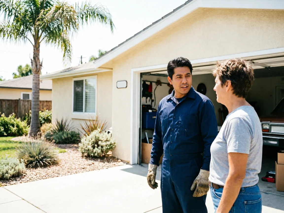 A technician in a blue uniform talks to a woman in front of a house.