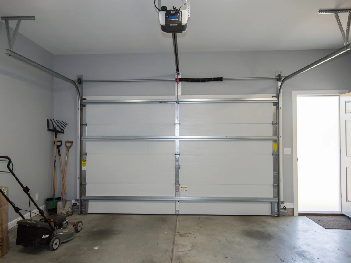 A white garage door is closed with an opener, tracks, and torsion spring visible.
