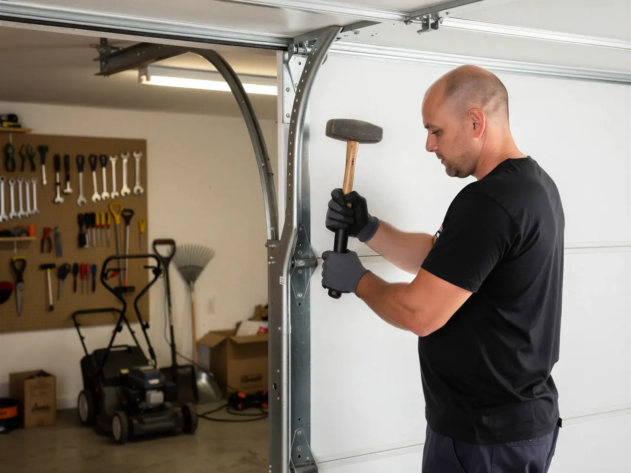 A technician holds a hammer near a garage door track.