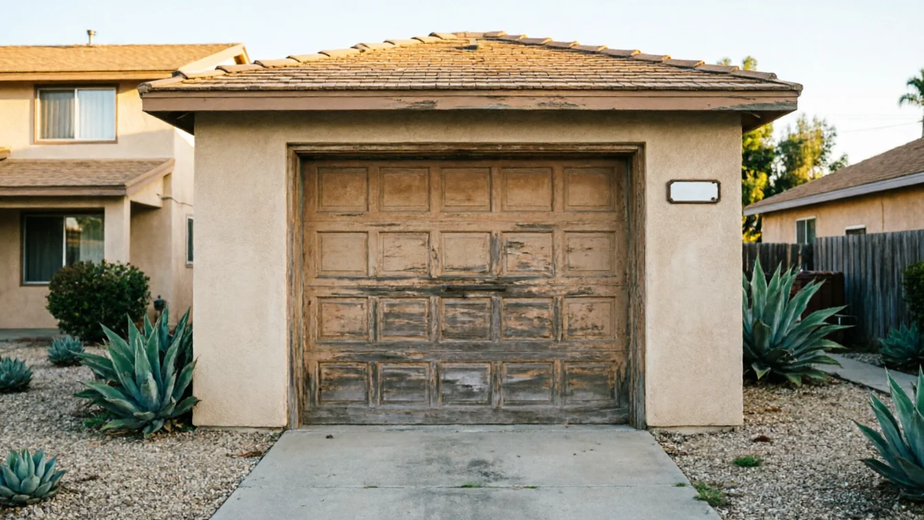 A weathered wooden garage door with peeling paint on a stucco garage.