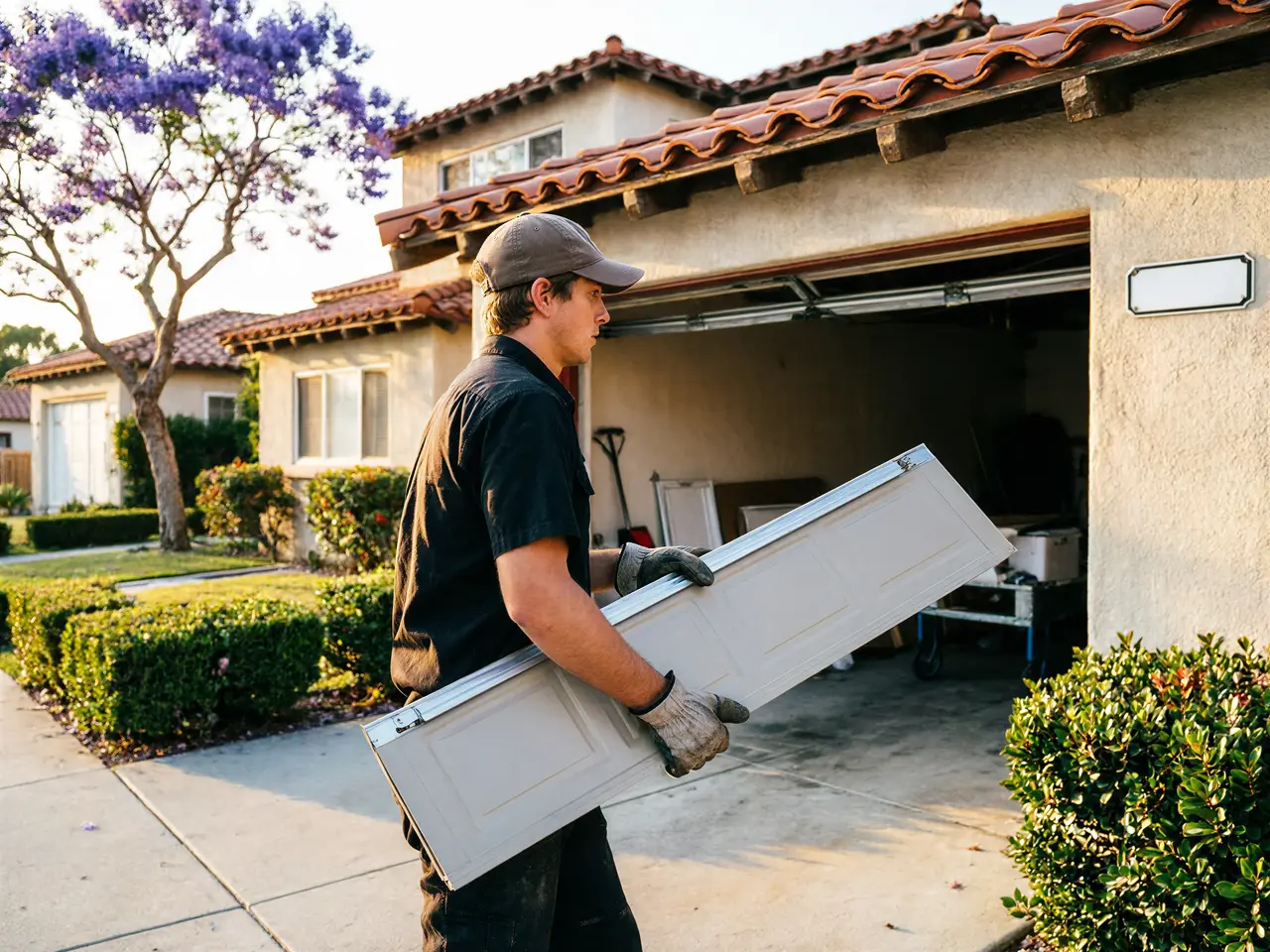 A technician carries a garage door panel in front of a house with an open garage.