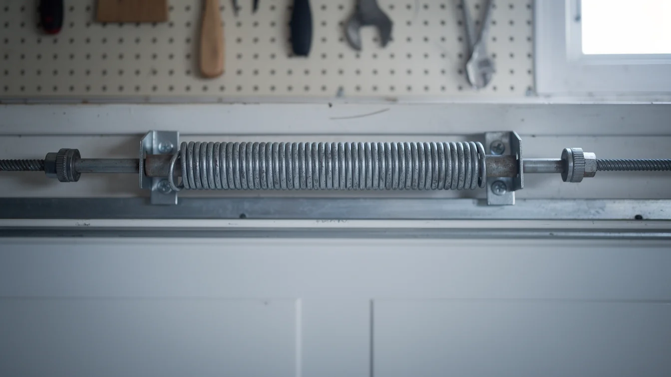 A garage door extension spring is mounted above a white garage door.